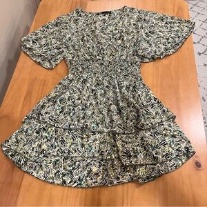 Zara green tones V neck mini dress with flutter sleeve and layered skirt